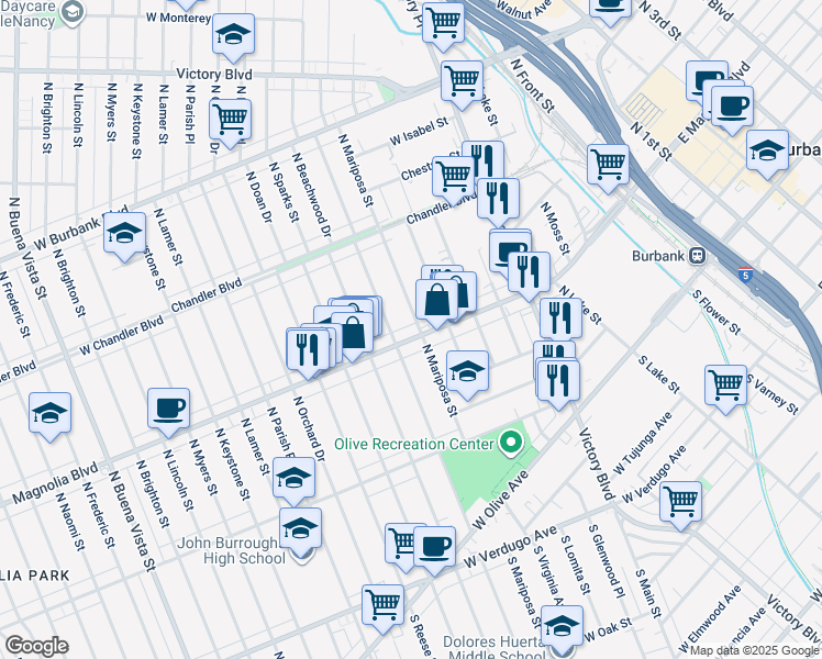 map of restaurants, bars, coffee shops, grocery stores, and more near 1305 West Magnolia Boulevard in Burbank