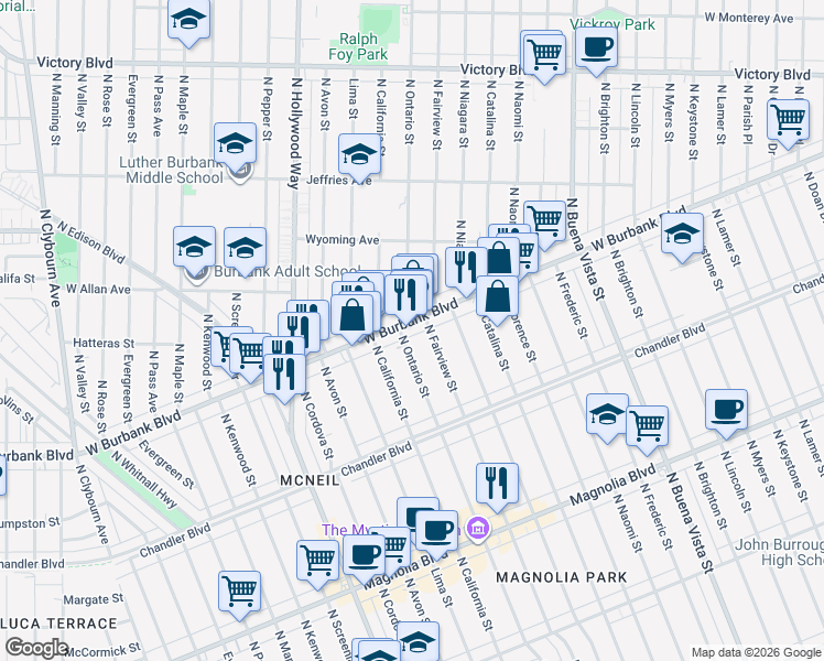 map of restaurants, bars, coffee shops, grocery stores, and more near 1231 North Fairview Street in Burbank