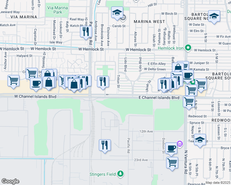 map of restaurants, bars, coffee shops, grocery stores, and more near 271 West Channel Islands Boulevard in Port Hueneme