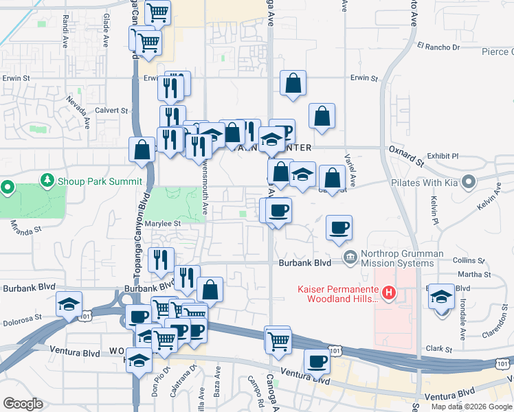 map of restaurants, bars, coffee shops, grocery stores, and more near 21500 Califa Street in Los Angeles