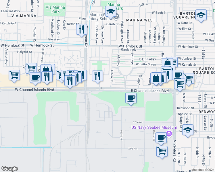 map of restaurants, bars, coffee shops, grocery stores, and more near 209 West Channel Islands Boulevard in Port Hueneme