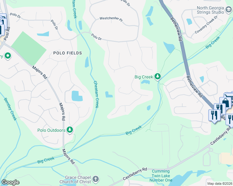 map of restaurants, bars, coffee shops, grocery stores, and more near 6885 Kew Gardens Way in Cumming