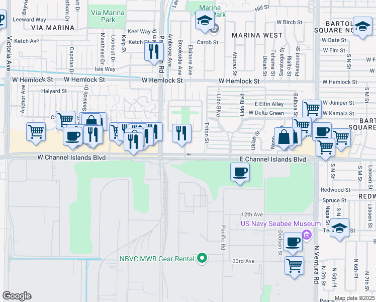 map of restaurants, bars, coffee shops, grocery stores, and more near 2406 Bolker Drive in Port Hueneme