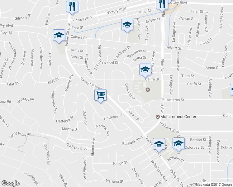 map of restaurants, bars, coffee shops, grocery stores, and more near 5741 Larryan Drive in Los Angeles