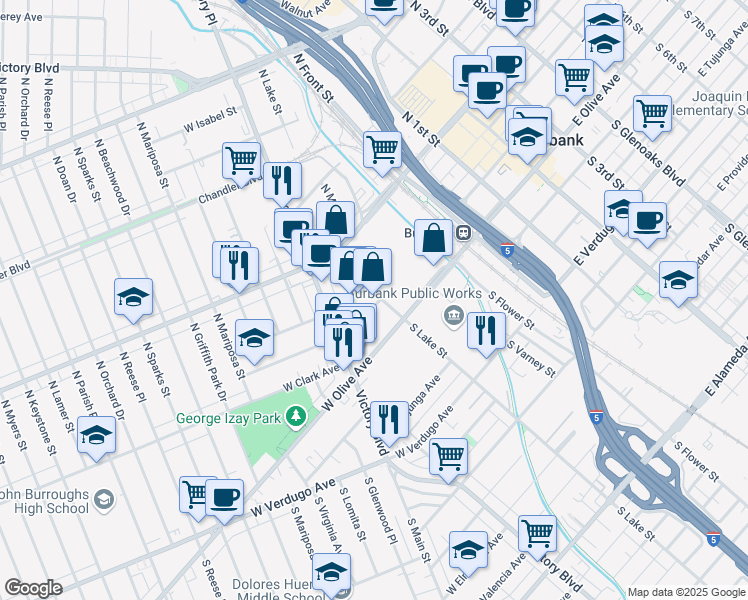 map of restaurants, bars, coffee shops, grocery stores, and more near 203 West Orange Grove Avenue in Burbank