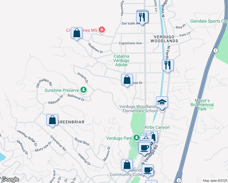 map of restaurants, bars, coffee shops, grocery stores, and more near 1465 Sunshine Drive in Glendale