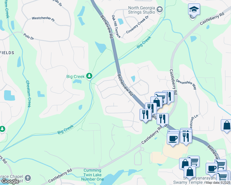 map of restaurants, bars, coffee shops, grocery stores, and more near 5470 Beaver Ridge Drive in Cumming