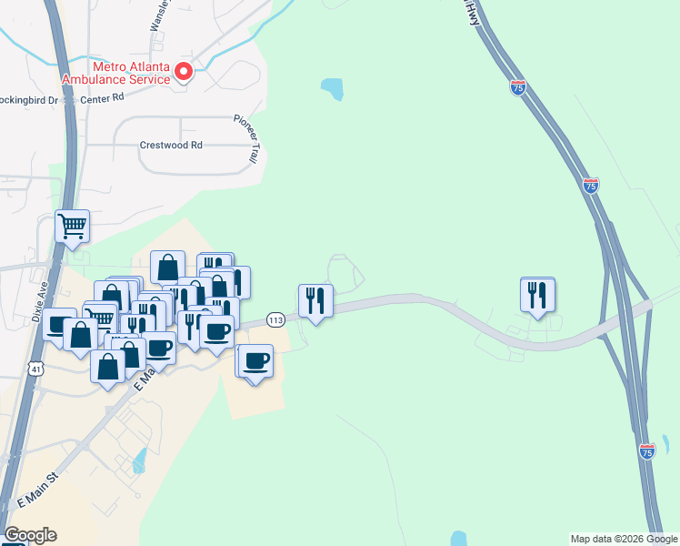 map of restaurants, bars, coffee shops, grocery stores, and more near 950 East Main Street in Cartersville