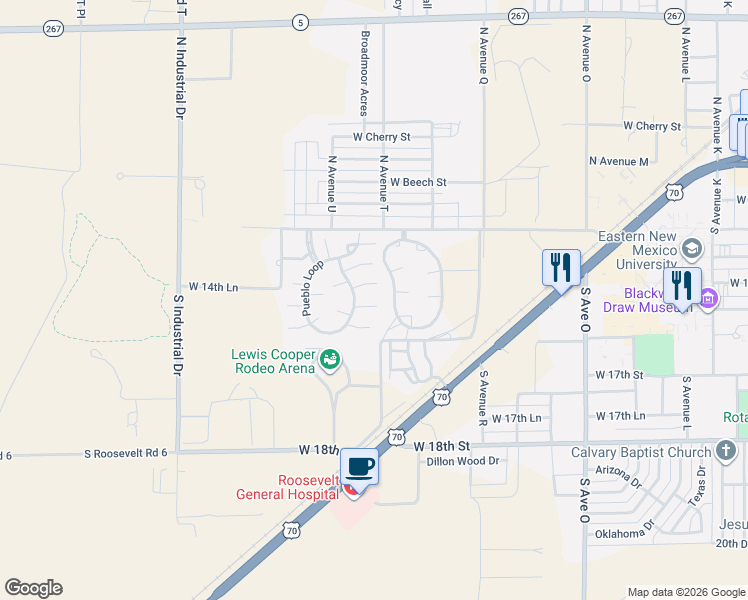 map of restaurants, bars, coffee shops, grocery stores, and more near 2157 San Miguel Court in Portales