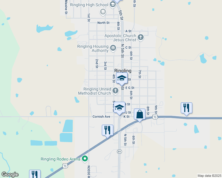 map of restaurants, bars, coffee shops, grocery stores, and more near 219 G Street in Ringling