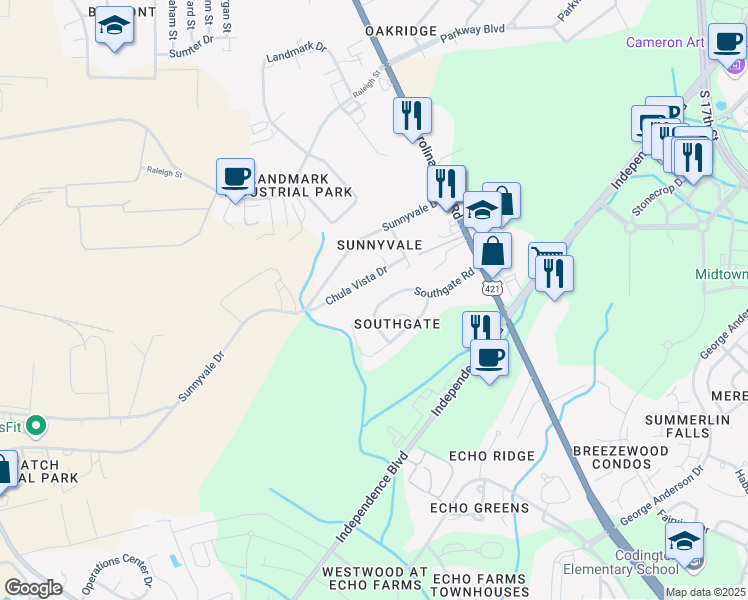 map of restaurants, bars, coffee shops, grocery stores, and more near 242 Southgate Road in Wilmington
