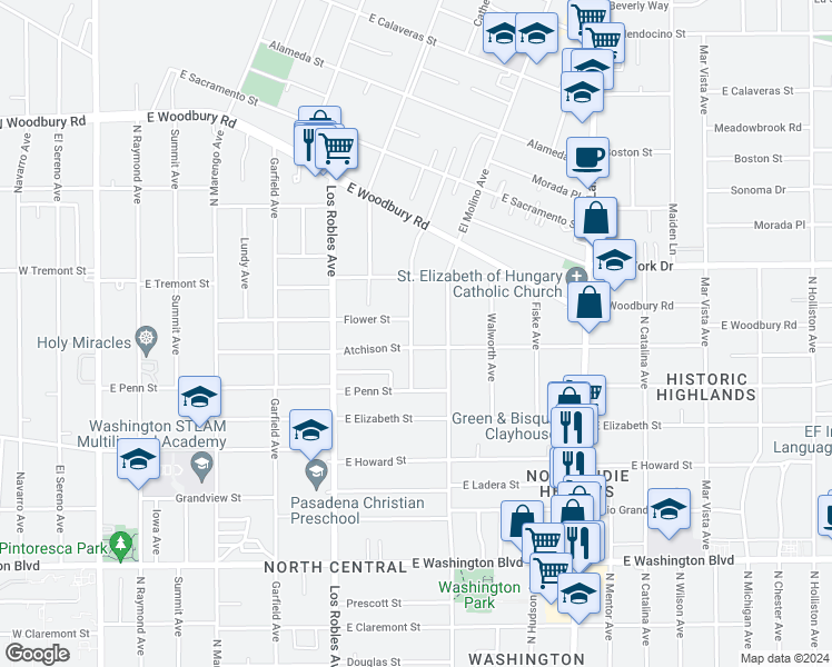 map of restaurants, bars, coffee shops, grocery stores, and more near 1766 North Madison Avenue in Pasadena