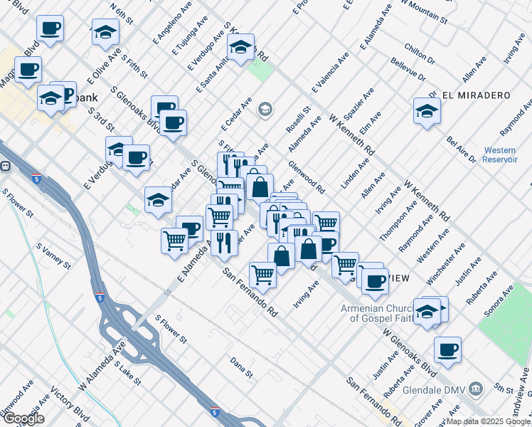 map of restaurants, bars, coffee shops, grocery stores, and more near 1112 Spazier Avenue in Glendale