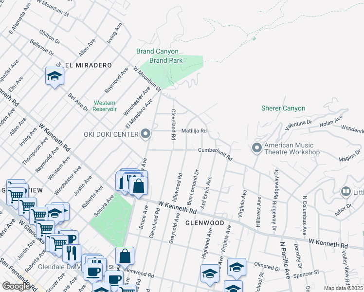 map of restaurants, bars, coffee shops, grocery stores, and more near 909 Cumberland Road in Glendale