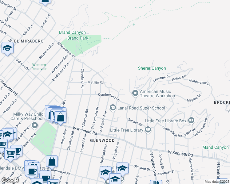 map of restaurants, bars, coffee shops, grocery stores, and more near 824 West Mountain Street in Glendale