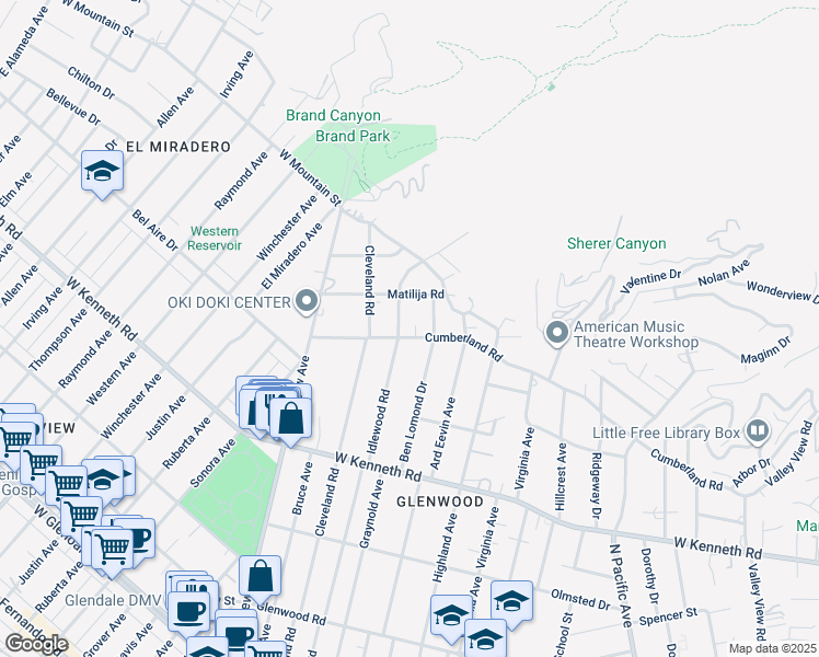 map of restaurants, bars, coffee shops, grocery stores, and more near 881 Cumberland Road in Glendale