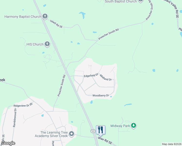 map of restaurants, bars, coffee shops, grocery stores, and more near 33 Crossridge Drive in Silver Creek