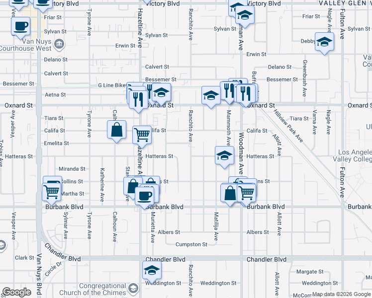 map of restaurants, bars, coffee shops, grocery stores, and more near 5806 Ranchito Avenue in Los Angeles