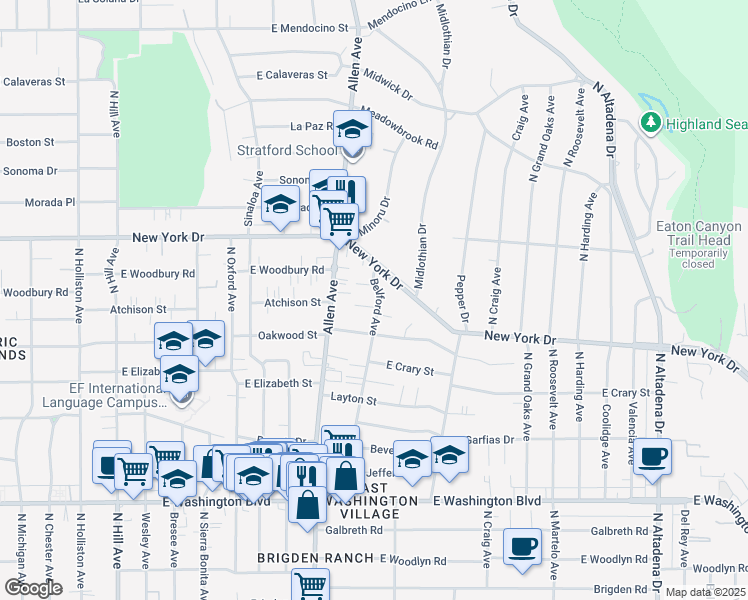 map of restaurants, bars, coffee shops, grocery stores, and more near 1775 Bellford Avenue in Pasadena