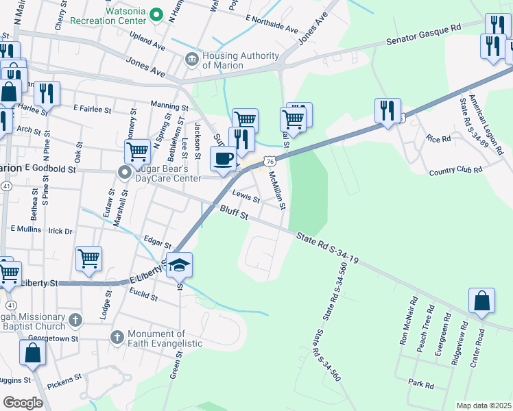 map of restaurants, bars, coffee shops, grocery stores, and more near 217 Stackhouse Street in Marion