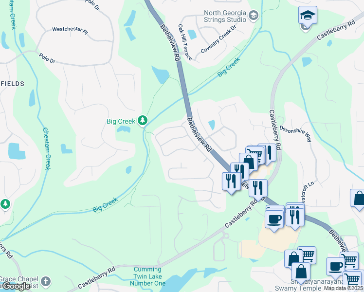 map of restaurants, bars, coffee shops, grocery stores, and more near 5480 Beaver Ridge Drive in Cumming