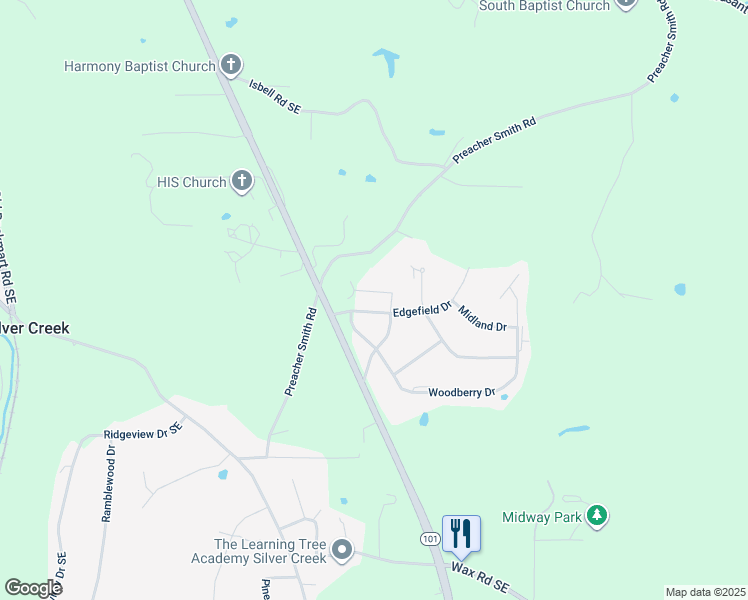 map of restaurants, bars, coffee shops, grocery stores, and more near 5 Midway School Road Southeast in Silver Creek
