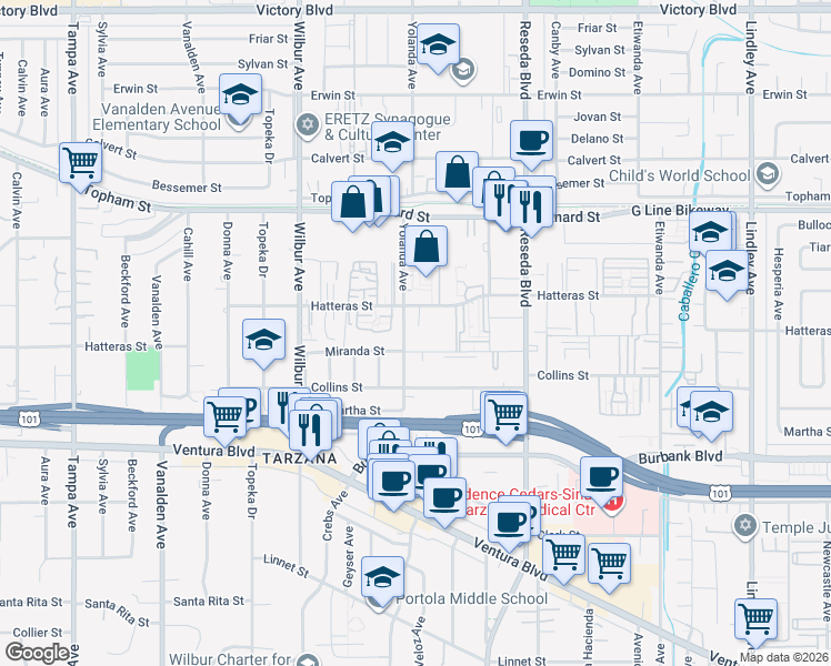 map of restaurants, bars, coffee shops, grocery stores, and more near 5820 Yolanda Avenue in Los Angeles