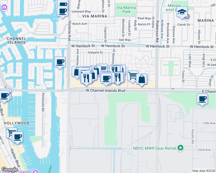map of restaurants, bars, coffee shops, grocery stores, and more near 587 West Channel Islands Boulevard in Port Hueneme