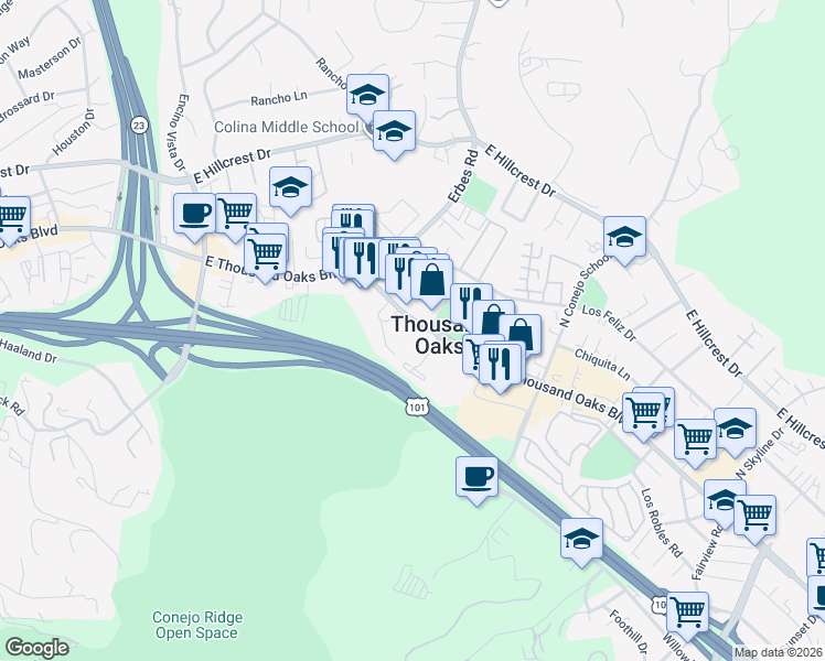 map of restaurants, bars, coffee shops, grocery stores, and more near in Thousand Oaks