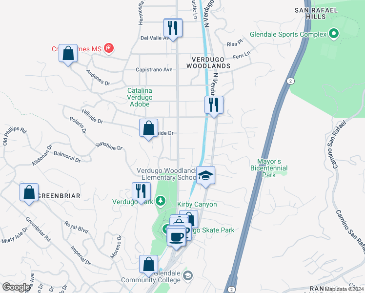 map of restaurants, bars, coffee shops, grocery stores, and more near 1900 Cañada Boulevard in Glendale