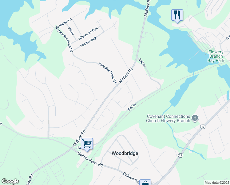 map of restaurants, bars, coffee shops, grocery stores, and more near 6353 McEver Road in Flowery Branch