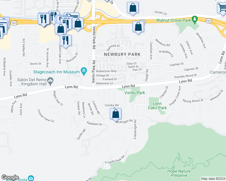 map of restaurants, bars, coffee shops, grocery stores, and more near 127 Maple Road in Thousand Oaks