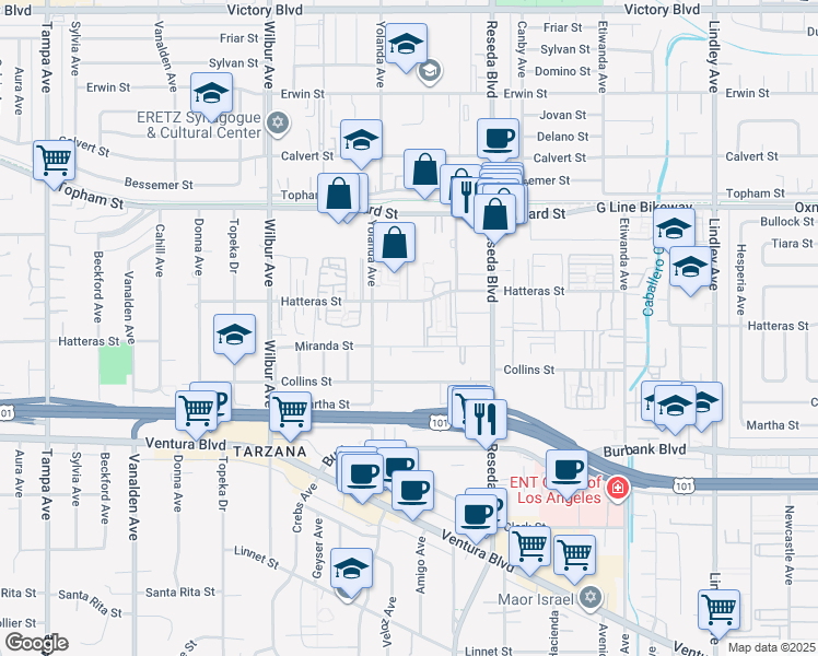 map of restaurants, bars, coffee shops, grocery stores, and more near 18620 Hatteras Street in Los Angeles