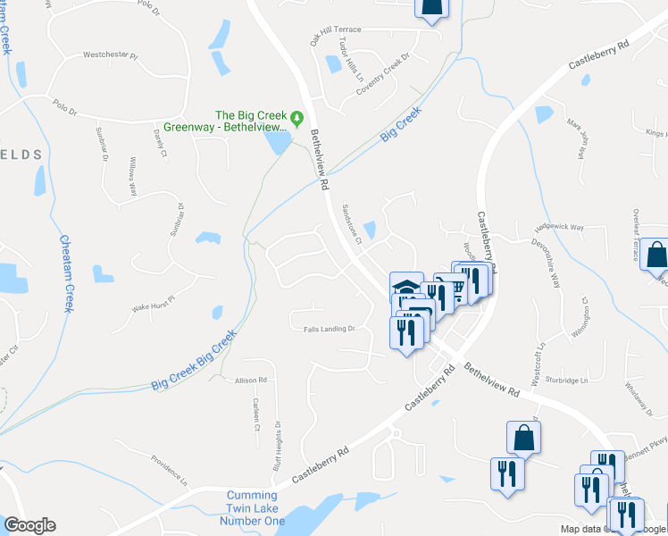 map of restaurants, bars, coffee shops, grocery stores, and more near 6050 Beaver Ridge Drive in Cumming