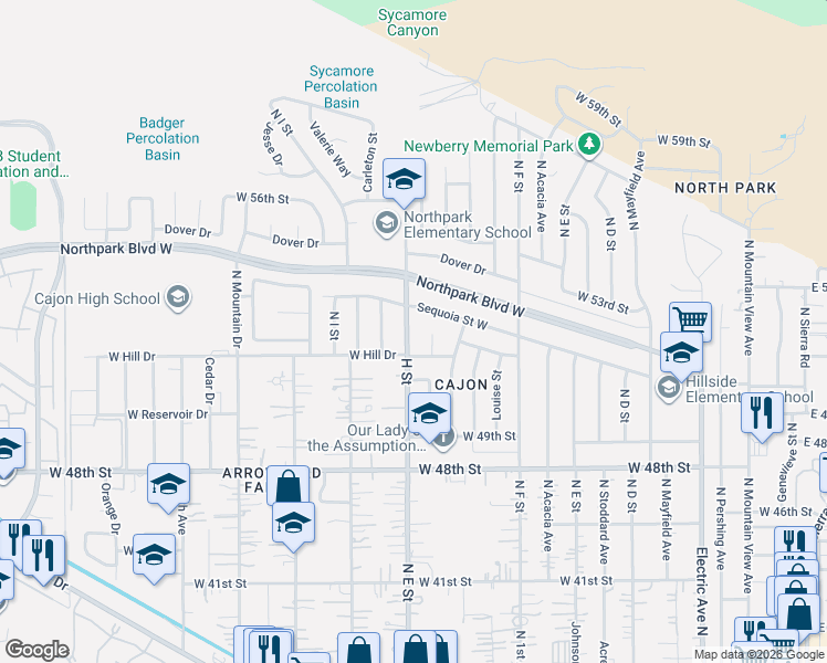 map of restaurants, bars, coffee shops, grocery stores, and more near 5205 North H Street in San Bernardino