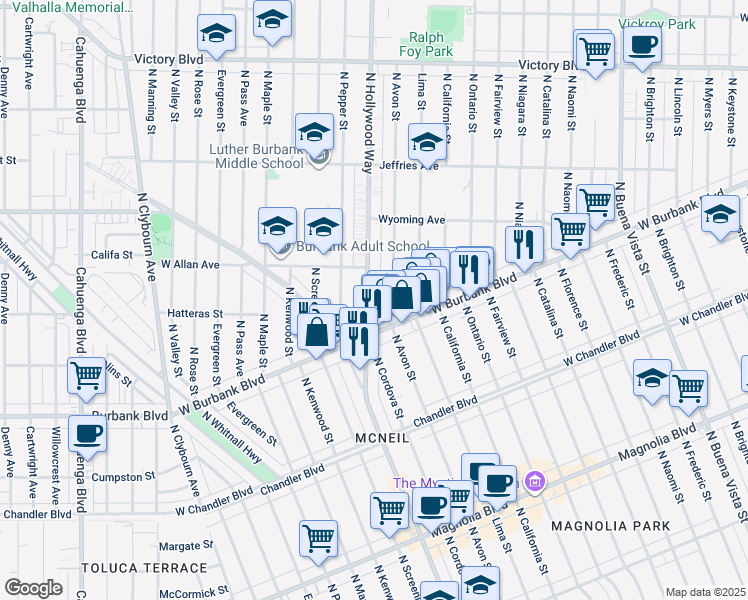 map of restaurants, bars, coffee shops, grocery stores, and more near 1411 North Avon Street in Burbank
