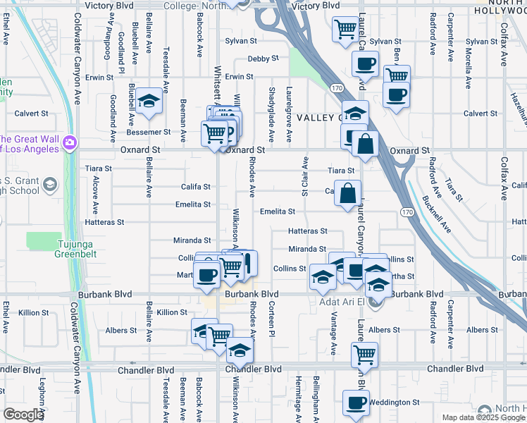 map of restaurants, bars, coffee shops, grocery stores, and more near 12348 Emelita Street in Los Angeles