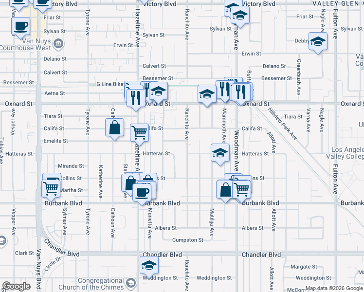 map of restaurants, bars, coffee shops, grocery stores, and more near 5806 Ranchito Avenue in Los Angeles