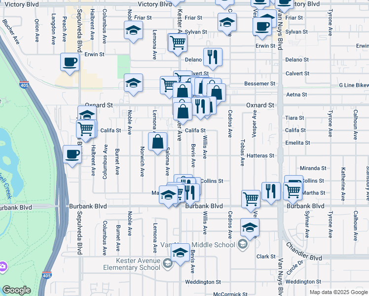map of restaurants, bars, coffee shops, grocery stores, and more near 5807 Bevis Avenue in Los Angeles