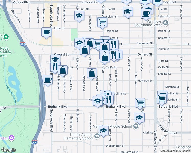 map of restaurants, bars, coffee shops, grocery stores, and more near 5806 Lemona Avenue in Los Angeles