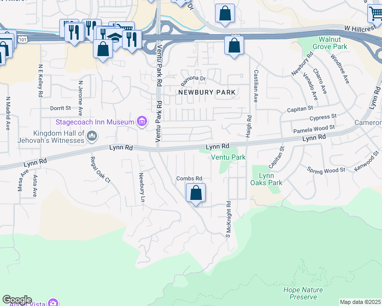 map of restaurants, bars, coffee shops, grocery stores, and more near 156 Maple Road in Thousand Oaks