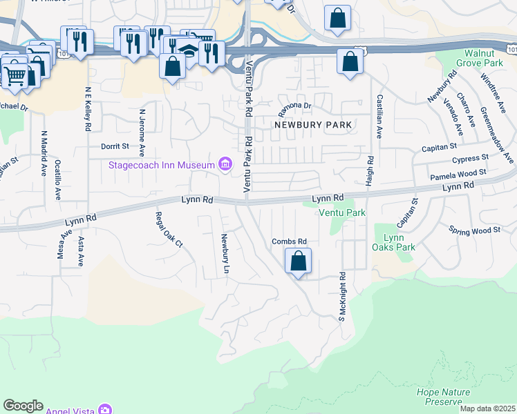 map of restaurants, bars, coffee shops, grocery stores, and more near 136 South Ventu Park Road in Thousand Oaks