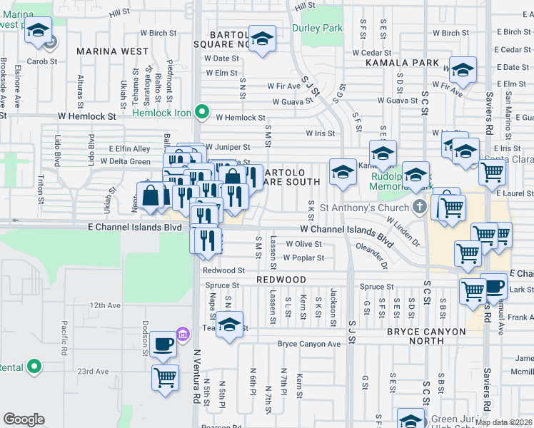 map of restaurants, bars, coffee shops, grocery stores, and more near 1201 West Channel Islands Boulevard in Oxnard
