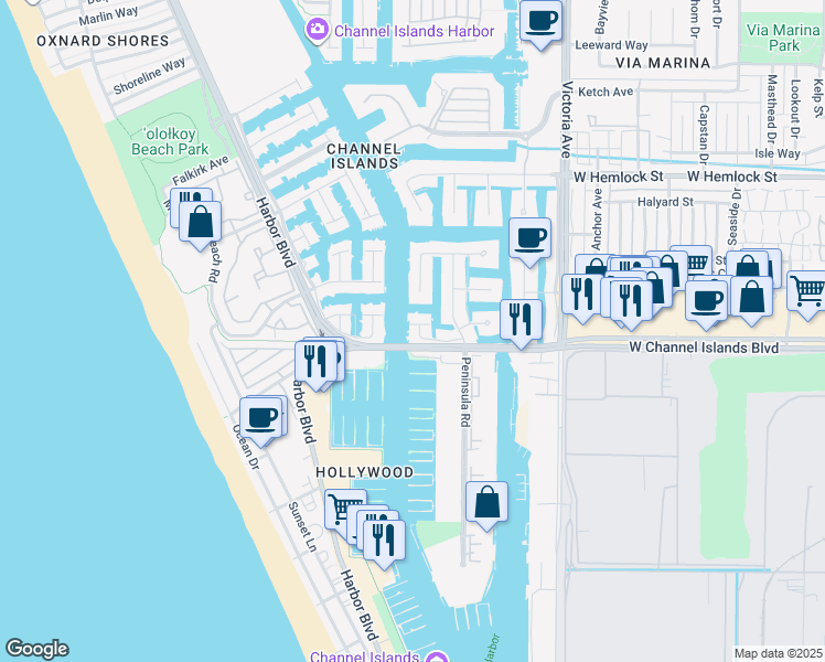 map of restaurants, bars, coffee shops, grocery stores, and more near 2565 Greencastle Court in Oxnard