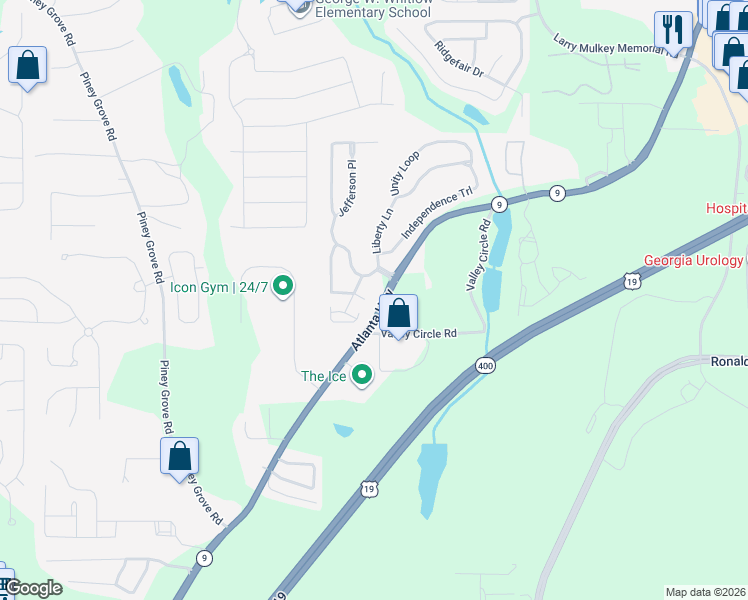 map of restaurants, bars, coffee shops, grocery stores, and more near 1125 Patriot Trail in Cumming
