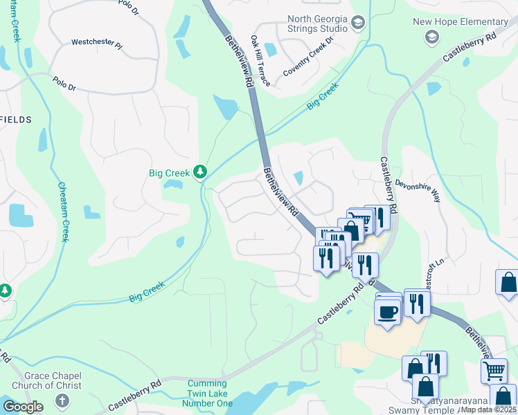 map of restaurants, bars, coffee shops, grocery stores, and more near 5470 Beaver Ridge Drive in Cumming