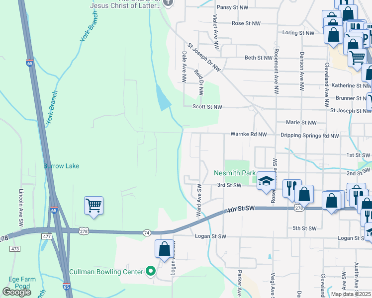 map of restaurants, bars, coffee shops, grocery stores, and more near 105 Ward Avenue Southwest in Cullman