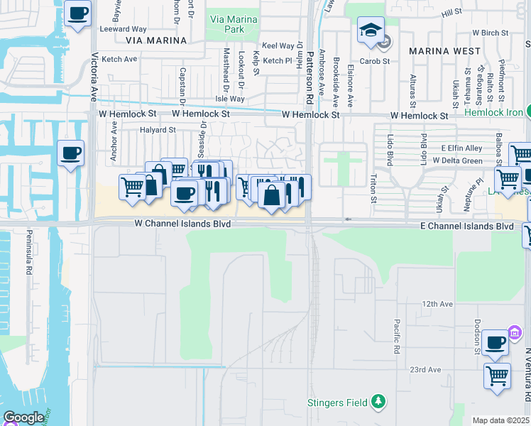 map of restaurants, bars, coffee shops, grocery stores, and more near 473 West Channel Islands Boulevard in Port Hueneme