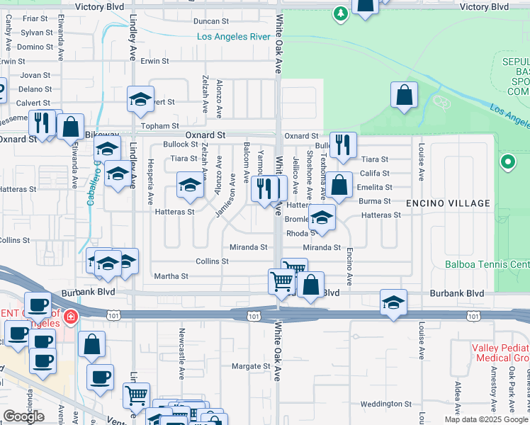 map of restaurants, bars, coffee shops, grocery stores, and more near 5805 White Oak Avenue in Los Angeles