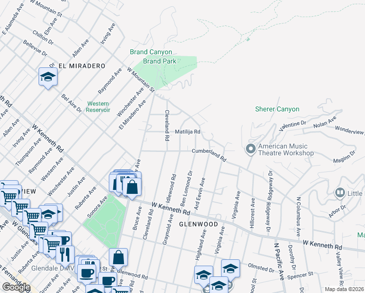 map of restaurants, bars, coffee shops, grocery stores, and more near 909 Cumberland Road in Glendale